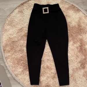 SHEIN Black High-Waisted Pants with Pearl Buckle